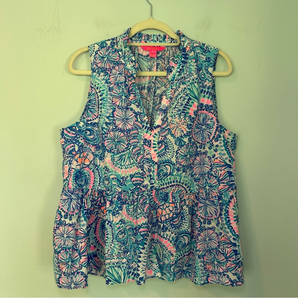 Lilly Pulitzer Blue Grutto Commotion in the Ocean Novella Ruffle Hem Top Size XL